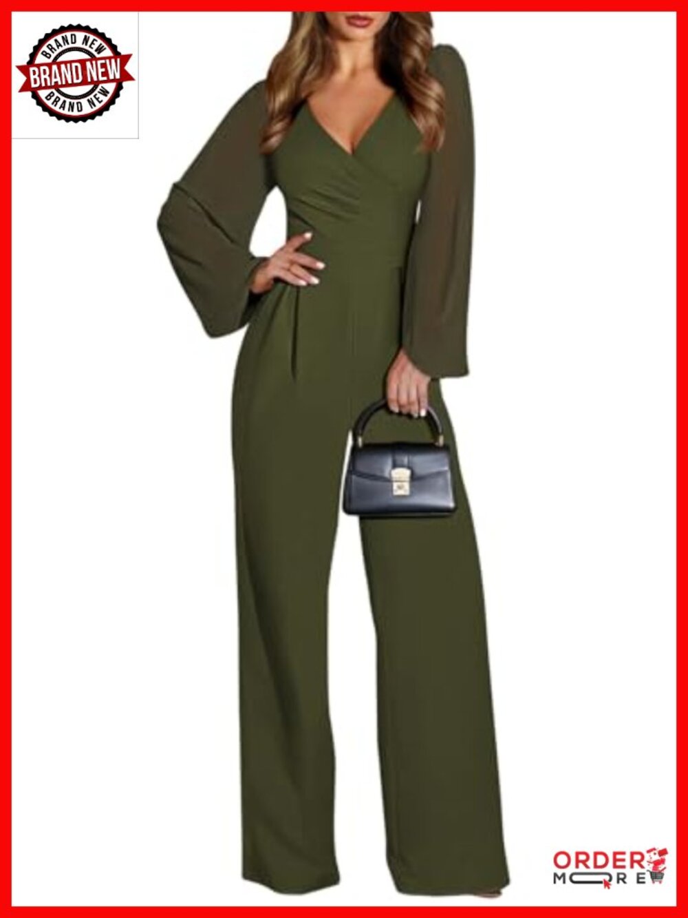 Elegant V-Neck Wide-Leg Jumpsuit with Chiffon Sleeves Formal Work Party